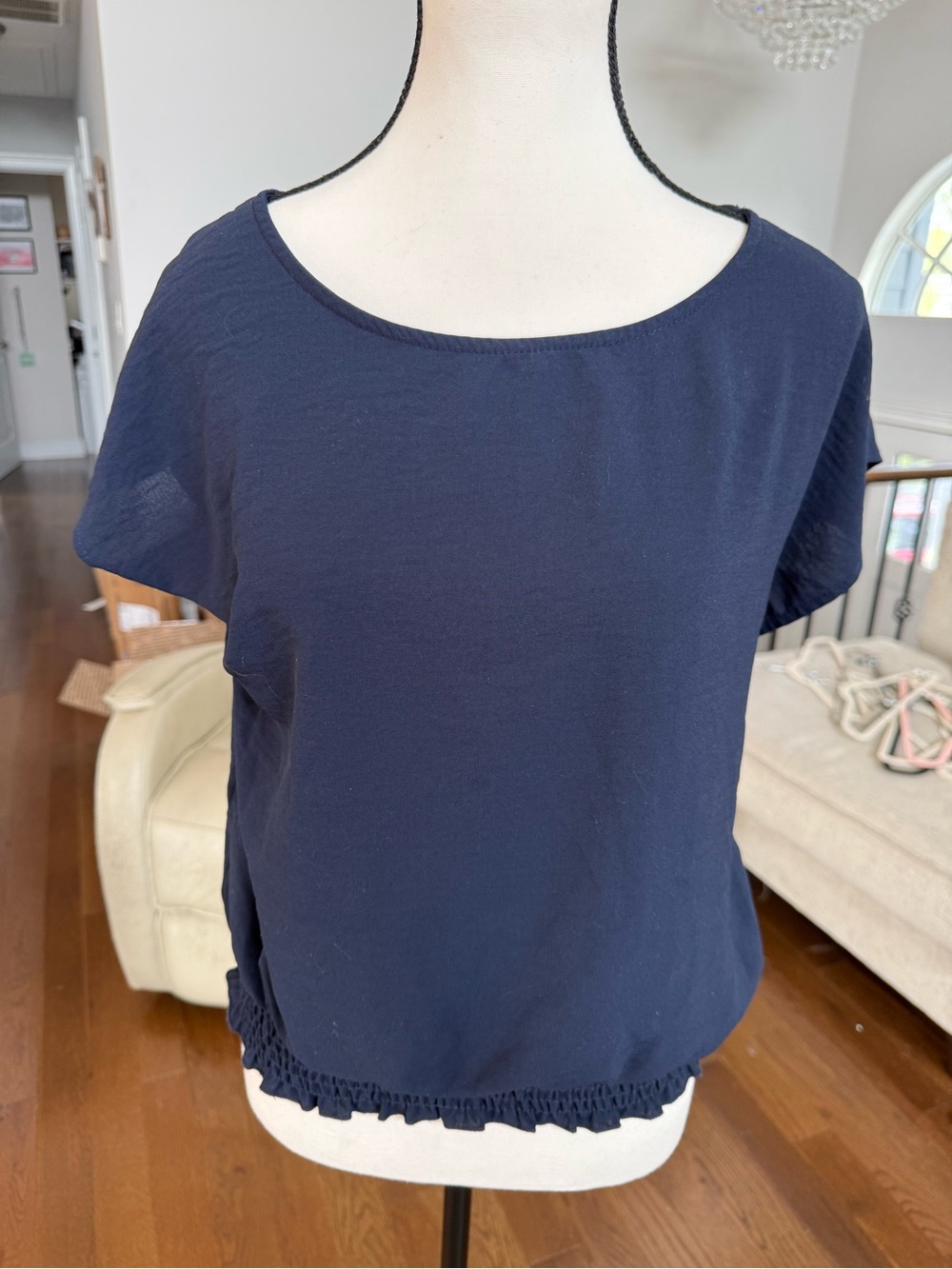 Wantable Women’s Navy Short-Sleeve Elastic-Hem Blouse Size Large
